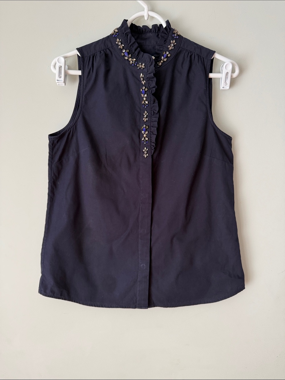 J. Crew Navy Sleeveless Ruffle Collar Button Up Top with Beaded Trim